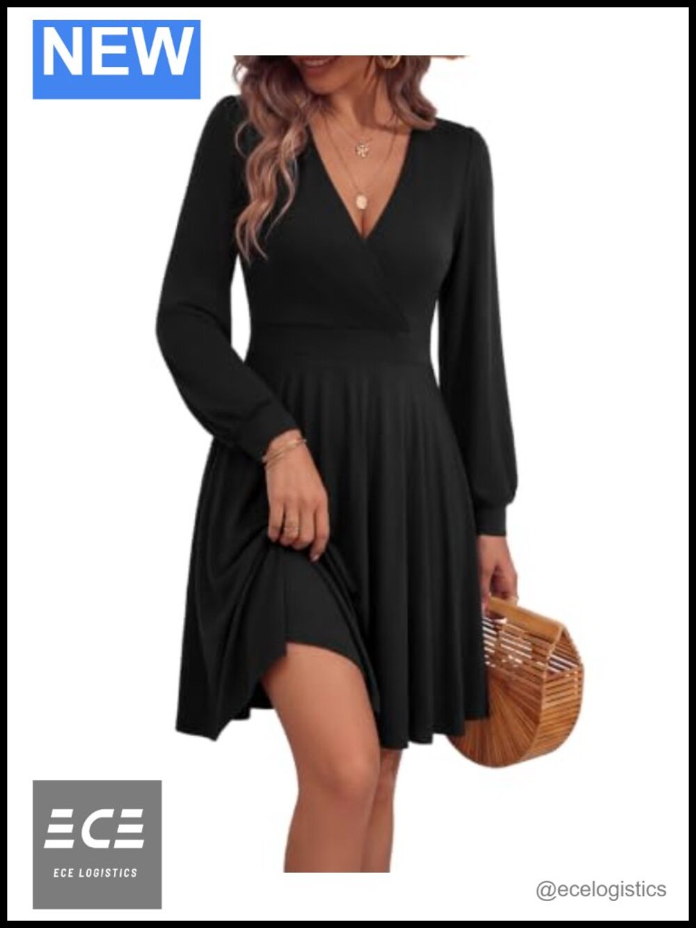 Women's Long Sleeve V Neck Knee Length Dress with Pockets Stretch Knit